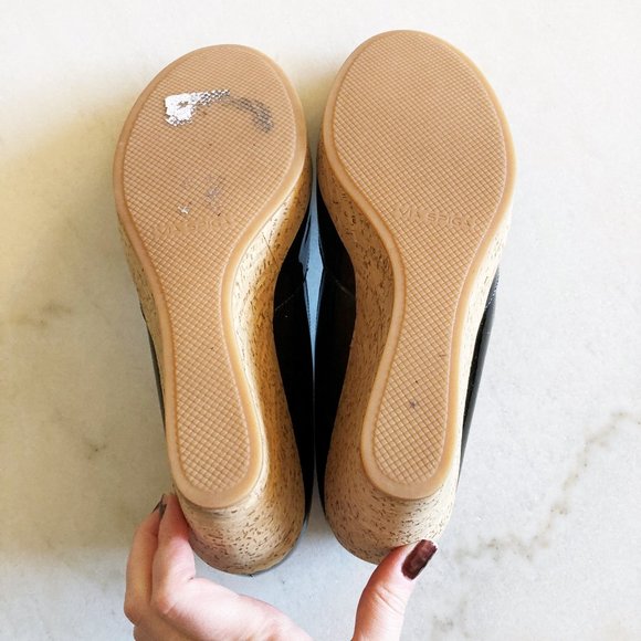 New! Via Spiga black patent leather & tan cork open toe wedges / sandals / shoes - Picture 9 of 9